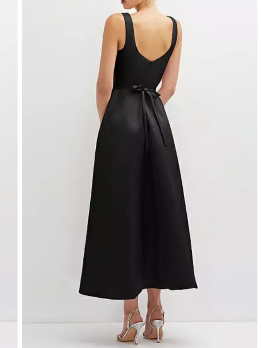 Dessy Square Neck Satin Midi Dress with Full Skirt Flower Sash Black Size 2 - Picture 2 of 9